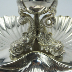 Decorative Victorian Silver Plated Shell Shape Serving Dish with Dolphin and Ball Handle