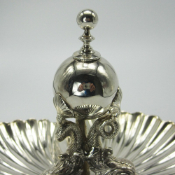Decorative Victorian Silver Plated Shell Shape Serving Dish with Dolphin and Ball Handle