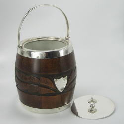 Edwardian Silver Plate and Carved Oak Barrel with Carved Band of Foliage