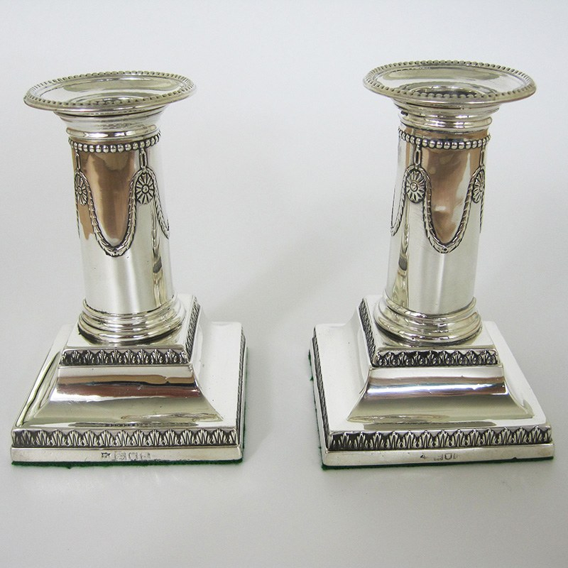Pair of Silver Thomas Bradbury Dwarf Candlesticks