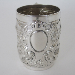 Late Victorian Silver Christening Mug Heavily Chased with Flowers and Scrolls