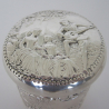 Decorative Victorian Silver Vanity Jar or Box with Musical Theme Embossed Lid