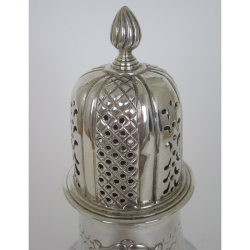 Victorian Silver Baluster Shaped Sugar Caster with Fluted and Scroll Embossed Body