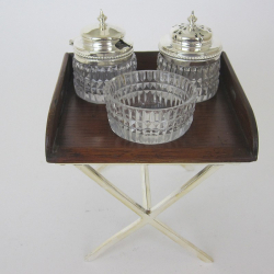 Victorian Oak and Silver Plate Novelty Butler Style Tray 3 Bottle Cruet Stand