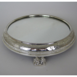 Victorian Silver Plated Circular Mirror Cake Stand with Engraved Floral Frame