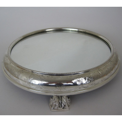 Victorian Silver Plated Circular Mirror Cake Stand with Engraved Floral Frame
