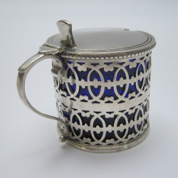 Charming Silver Drum Mustard Pot with Bristol Blue Liner