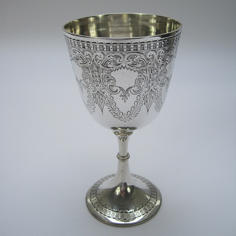 Elegant Engraved Victorian Silver Goblet with Floral Garlands and Scrolls