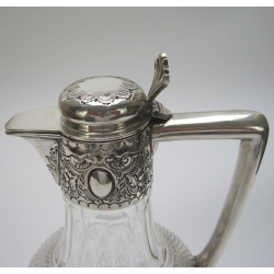 Late Victorian Silver and Cut Glass Claret Jug with Hinged Domed Floral Lid