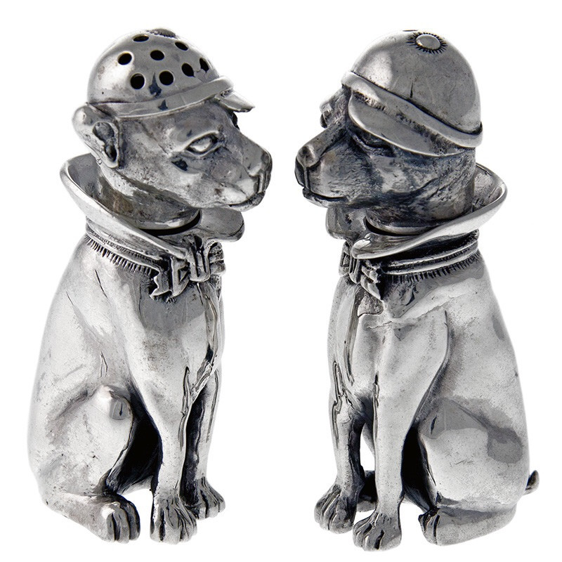 Heavy Sterling Silver Sitting Dogs Wearing a Cap Salt and Pepper Pair
