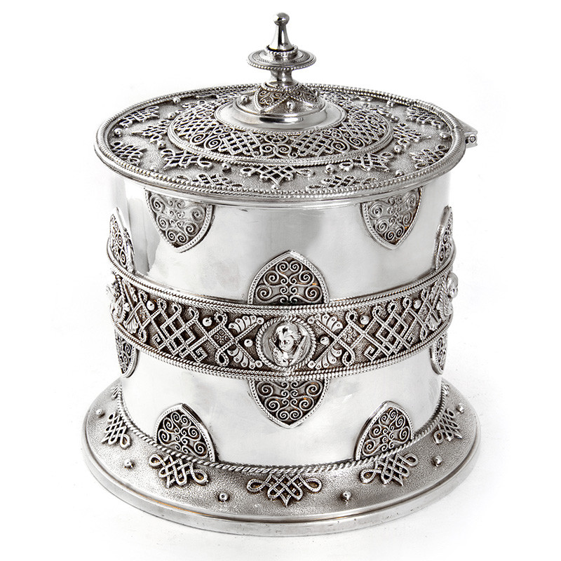 Victorian Silver Plate Filigree Biscuit Barrel with Winged Cherubs (c.1890)