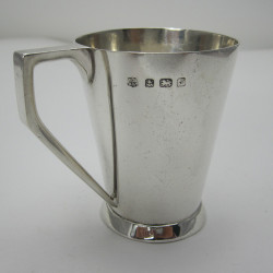 Silver Child's Mug with Angled Handle and Plain Conical Body