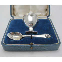 Good Quality Boxed Silver Egg Cup and Spoon with Applied Floral Motifs