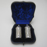 Pair of Victorian Silver Peppers in a Shaped Leather Blue Velvet Lined Box