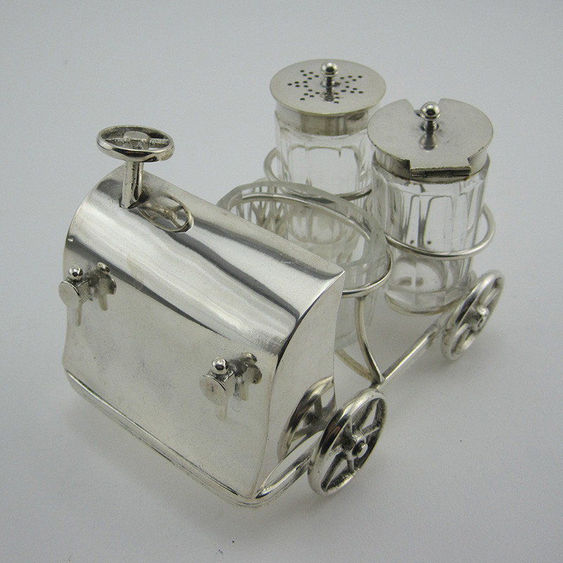 Novelty Victorian Car Cruet Set with Three Cut Panelled Glass Condiments