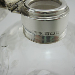 Large Engraved Glass and Silver Topped Perfume Bottle with Hinged Plain Lid