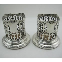 Pair of Tall Pierced Victorian Silver Plated Bottle Holders or Coasters