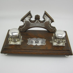 Unusual Late Victorian Oak and Silver Plated Two Bottle Inkstand (c.1890)