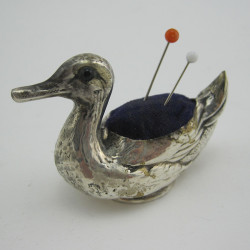 Very Well Modelled Silver Duck Pin Cushion with Glass Eyes (1921)