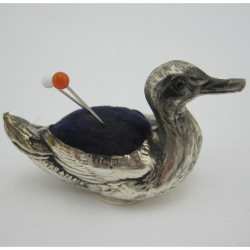 Very Well Modelled Silver Duck Pin Cushion with Glass Eyes
