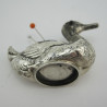 Very Well Modelled Silver Duck Pin Cushion with Glass Eyes