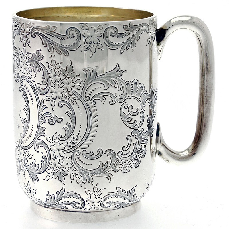 Silver Victorian Christening Mug Engraved with Scrolls & Flowers (c.1898)