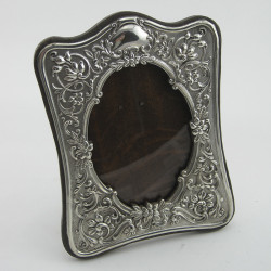 Edwardian Silver Photo Frame Embossed with Flowers and Scroll Decoration
