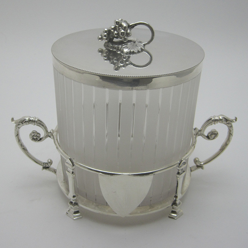 Stylish Frosted Glass and Silver Plated Biscuit Barrel (c.1890) Stylish Frosted Glass and Silver Plated Biscuit Barrel (c.1890)