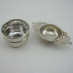 Sterling Silver Tea Strainer with Cylindrical Reeded Plain Drip Bowl