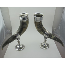 Pair of Decorative Horn Cornucopia Vases with Silver Plated Mounts