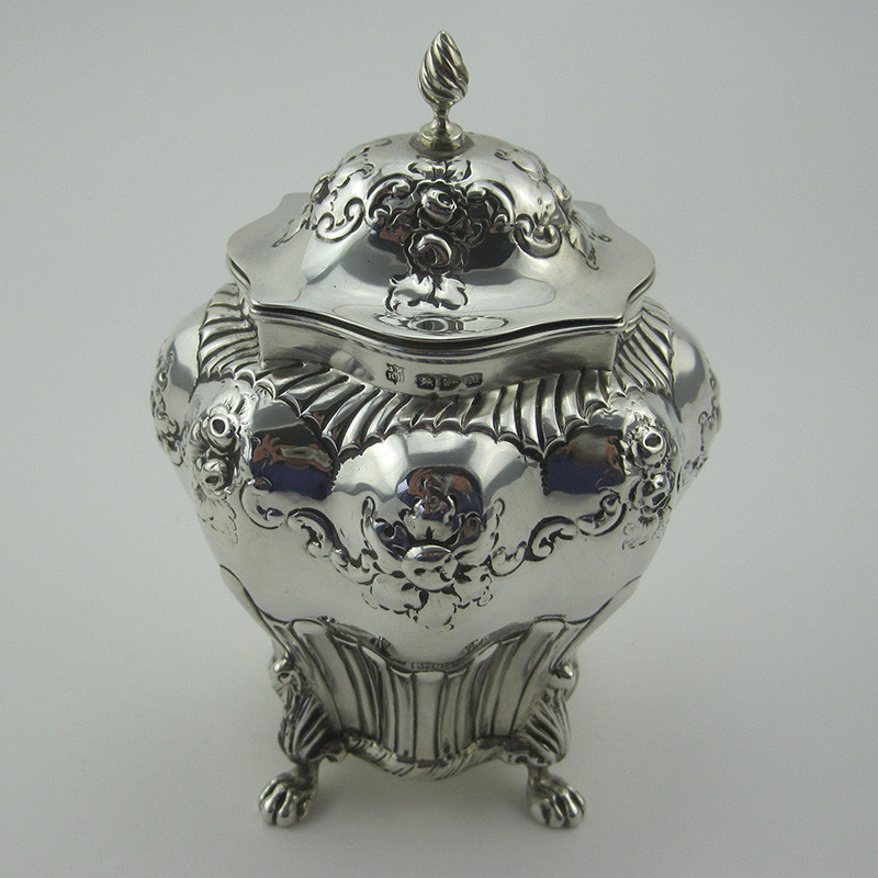 Decorative Victorian Sterling Silver Bombe Shaped Tea Caddy (1895)