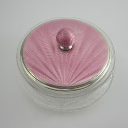 Beautiful Pink and Guilloche Enamel Sterling Silver Dressing Table Jar
