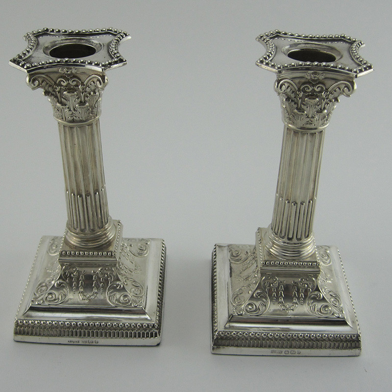 Pair of Victorian Sterling Silver Corinthian Column Candlesticks (1896)