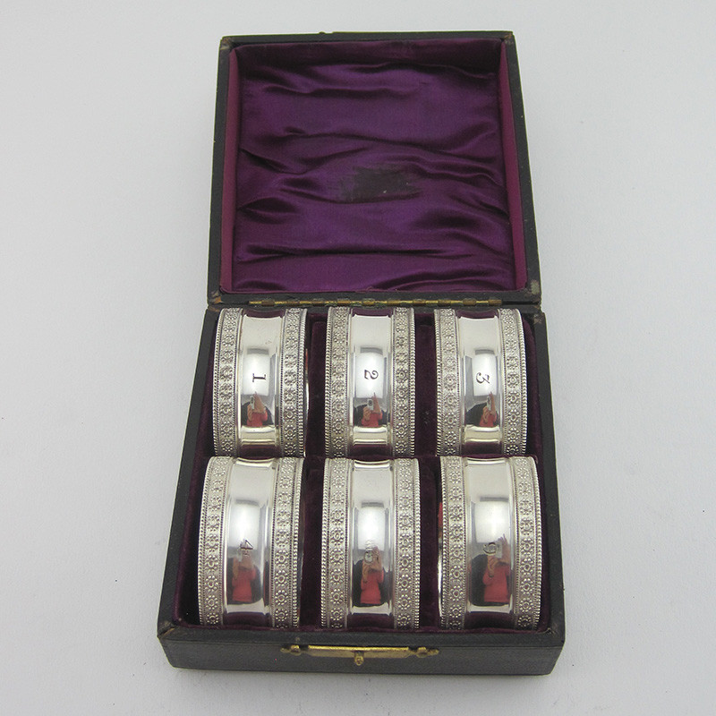 Six Victorian Silver Plated Napkin Rings in Original Leather Bound Box