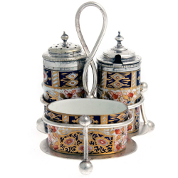 Imari Style Porcelain and Silver Plate Cruet Set