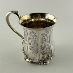 Early Victorian Sterling Silver Christening Mug Engraved with Scrolls and Flowers