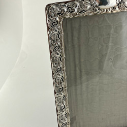 Large Decorative Edwardian Sterling Silver Photo Frame with Floral and Scroll Decoration