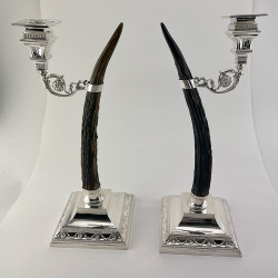 Unusual Decorative Pair of Victorian Silver Plated Stag Column Candlesticks (c.1890)