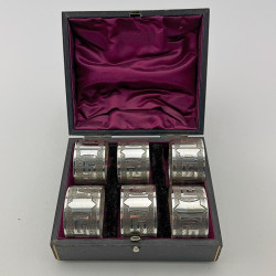 Victorian Boxed Set of Six Silver Plated Napkin Rings with Greek Key Pattern (c.1890)