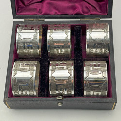 Victorian Boxed Set of Six Silver Plated Napkin Rings with Greek Key Pattern