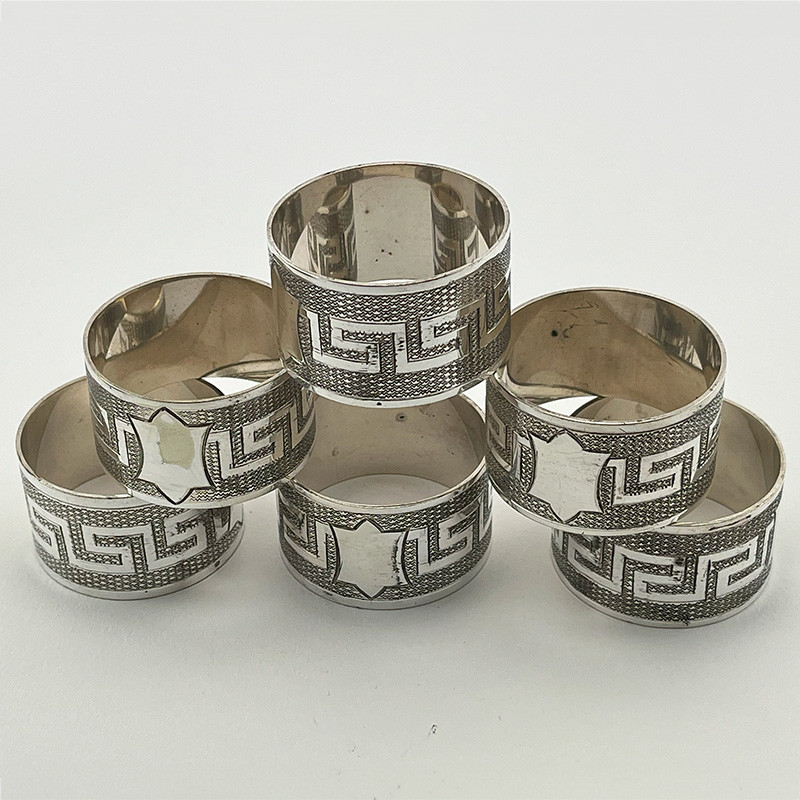 Victorian Set of Six Silver Plated Napkin Rings with Greek Key Pattern