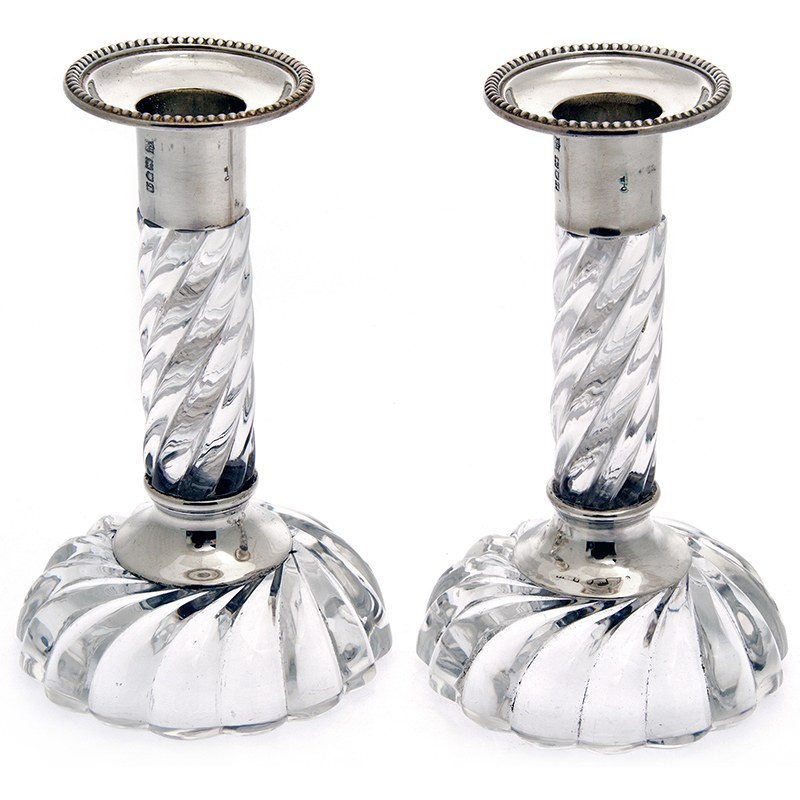 Pair of Silver and Spiral Glass Candlesticks