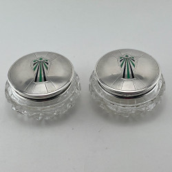 Pair of Art Deco Style Sterling Silver Enamel Topped Jars (1930)
