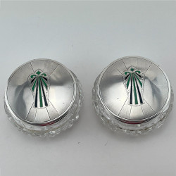 Pair of Art Deco Style Sterling Silver Enamel Topped Jars