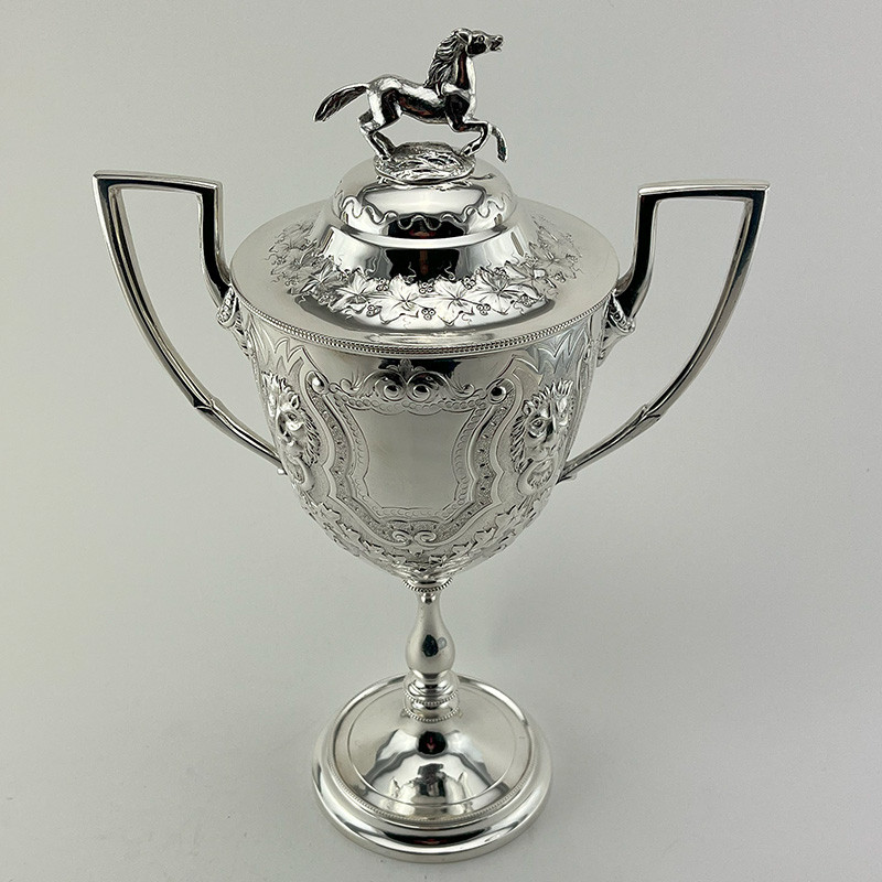 Decorative Victorian Lidded Silver Plated Trophy Cup with Horse Finial (c.1890)