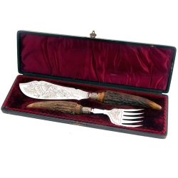Pair of Boxed Silver Plate and Stag Handle Fish Servers
