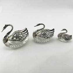 Three Sterling Silver Graduated Size Swan Dishes (c.1960)