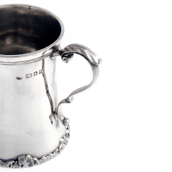 Circular Silver Christening Mug or Cup with a Cast Scroll and Leaf Handle