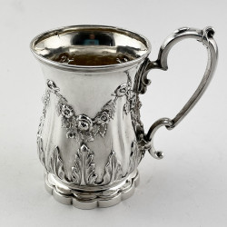 Good Quality Victorian Half Pint Embossed Sterling Silver Christening Mug