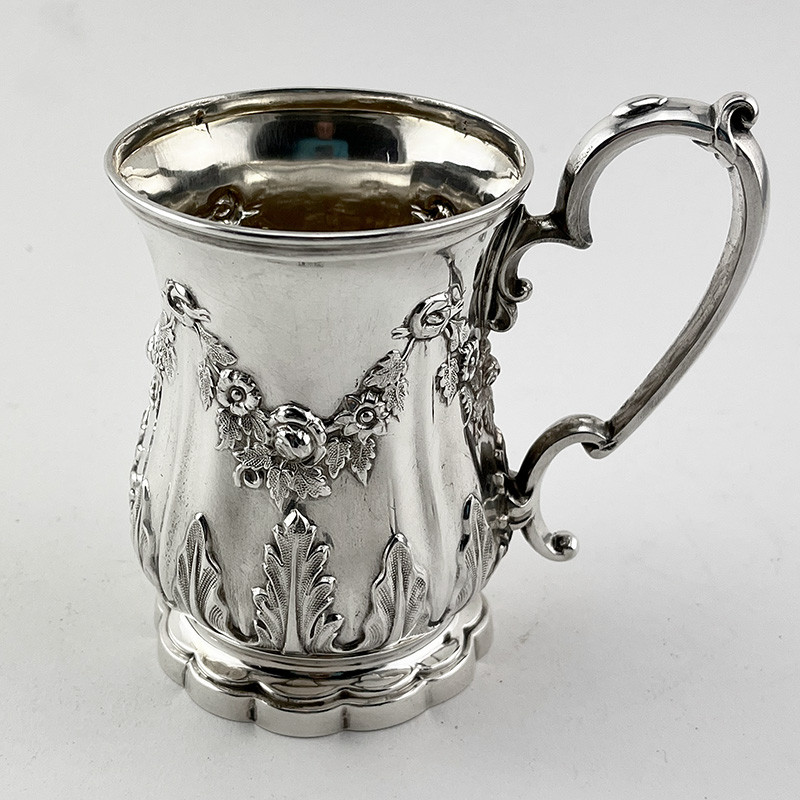 Good Quality Victorian Half Pint Embossed Sterling Silver Christening Mug Good Quality Victorian Half Pint Embossed Sterling Silver Christening Mug